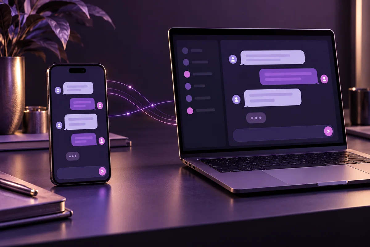 Illustrative phone and laptop showing a customer conversation handoff in a violet studio